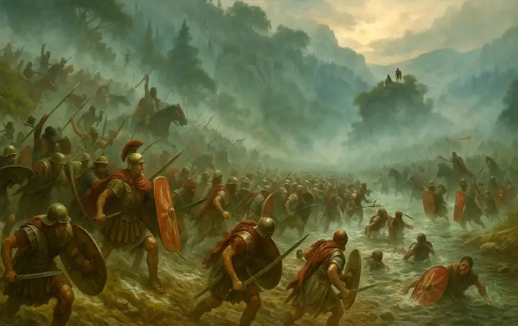 Trasimene Gölü Muharebesi’nde Roma ordusunun sisli vadide ilerlerken Hannibal’ın tepelerde gizlenen birlikleri tarafından pusuya düşürüldüğü sahne; dar geçitte sıkışan lejyonerler, saldırıya geçen Kartacalı kuvvetler ve kaotik akarsu geçişi görülüyor.